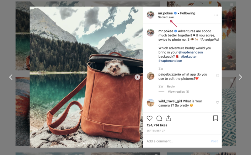 Tapping on a post's location to search for influencers